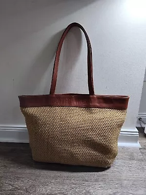 Bottega Veneta Marco Polo Trimmed Straw Tote Leather Trim SPELLOUT Beach Bag • $147.13