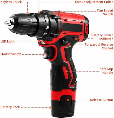 £31.99 • Buy 12V Impact Cordless Drill Driver Set Electric Screwdriver LED W/ 2 Batteries