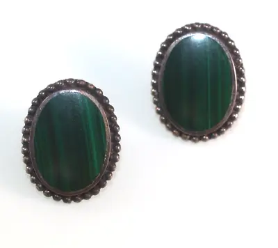 Vintage Southwestern Malachite Sterling Silver Oval Earrings • $24.99