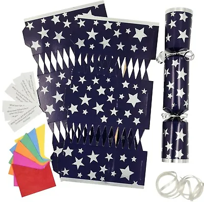 Christmas Cracker Kit 6 Make Your Own Crackers Hats Snaps NAVY & SILVER STAR • £4.99