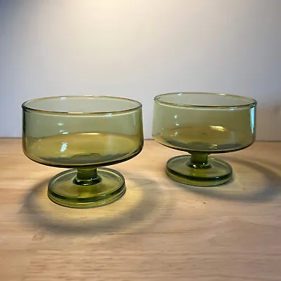 Vintage Green Dessert Glasses Set Of 2 Pressed Glass Pedestal Foot MCM Sherbet • $12
