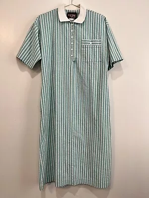 Vintage 80s Teal And White Striped Cotton Dress Short Sleeve Size 12 • $36