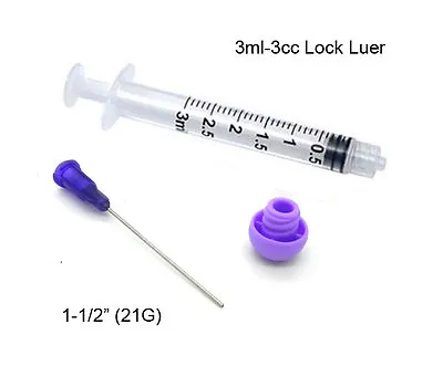 3cc 3ml Dispensing Syringe 21 Gauge Blunt Needle Lock Luer PURPLE Cap -  5 Sets • $8.55