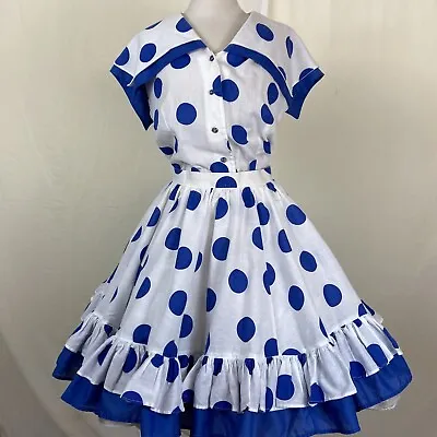 Square Dance Outfit Skirt Blouse Big Collar White Blue Big Polka Dots Sleeveless • $75