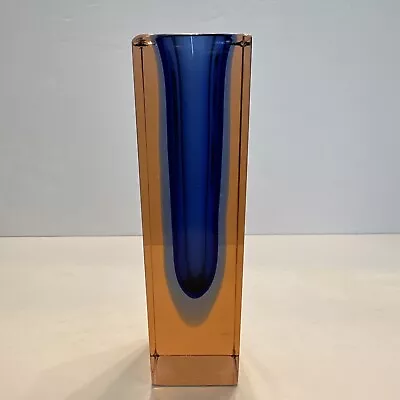 Stunning Faceted Murano Glass Sommerso Block Vase Blue & Copper Italy Small Chip • $89