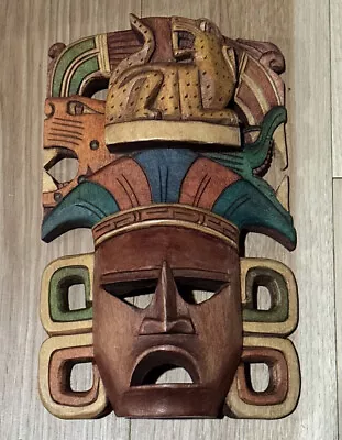 Hand Carved Wood Mayan Mask Warrior Pyramid Artwork Chichén Itza Jaguar Snake  • $250