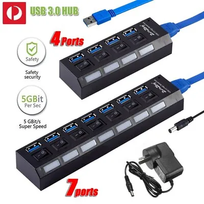 $19.99 • Buy 4 7 Ports USB 3.0 HUB Powered High Speed Extension Charger Switch For PS4/Slim