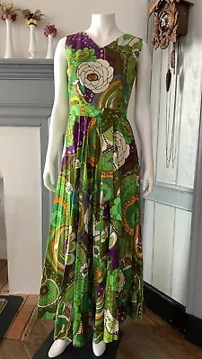 Vintage 1960s Psychedelic Flower Power ￼Alice Palazzo Pleated Jumpsuit Dress 70s • $640