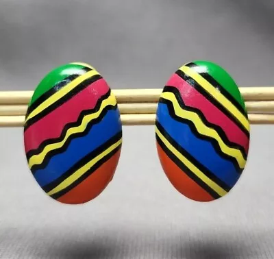 Vintage 1980s Fashion Multicolor Painted Wooden Oval Clip-on Earrings Jewelry • $16