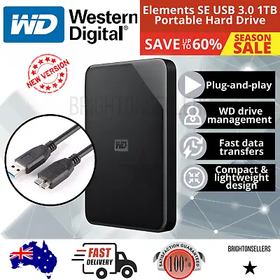 WD Elements SE Portable Hard Drive HDD 1TB Black External Storage USB 3.0 AU • $113.26