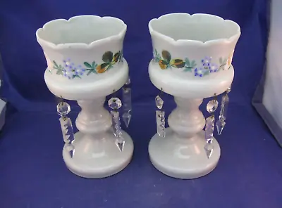 Pair Of Vintage Hand Blown Mantle Lusters With Prisims -  Floral -  7 3/4  Tall • $135