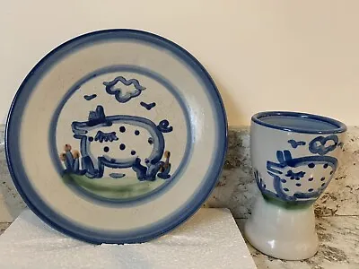 MA Hadley Signed Pottery PIG 7.5  Bread Plate & Large Matching Egg Cup HP EC • $24.99