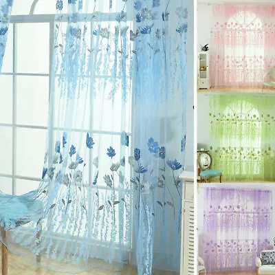 Floral Tulle Voile Window Screening Curtain Mesh Sheer Living Room Valance Drape • $12.09