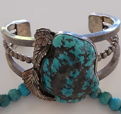 Old Pawn Handmade Vintage STERLING NAVAJO Deep BLUE Turquoise HEAVY Bracelet • $66