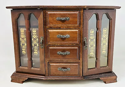 Vintage MCM Jewelry Box Wooden Armoire 8-Drawer 2 Door Faux Stained Glass • $51.99