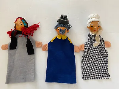 Vintage German Hand Puppets Wood Heads Set 3 Police Old Lady Long Nosed Lady • $39.19