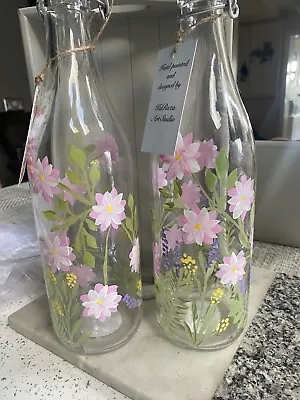 Hand Painted Glass Drinks Water Fridge Table Bottle Pink Floral Meadow Design • £16.50