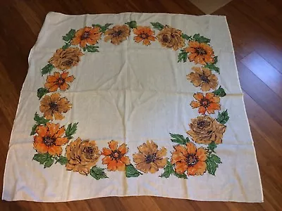 Vtg Tablecloth 45 X48  Natural Linen Orange Yellow Floral Pattern • $24.90
