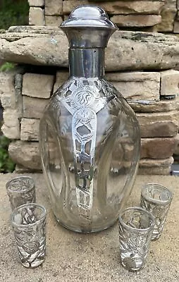 Haig Pinch Bottle Decanter Set Of 4 Shot Glasses Sterling Silver Overlay Mexico • $159