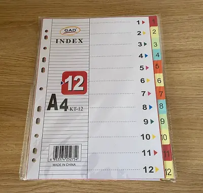1-12 Numbered A4 Multi Colored Card Index File Dividers 12 Part Hole Punched Uk • £2.35