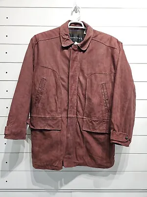 Vintage Red Purple Leather Barn Long Duster Coat Jacket Men’s Size Large Vtg • $68.95