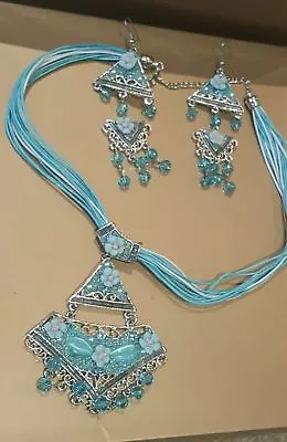 Unique Blue Beaded Matching Necklace Earrings Set Brand New Indian Dangling • $20