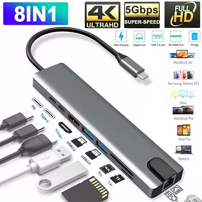 8 In 1 USB-C Hub Type C To USB 3.0 4K HDMI PD Adapter For IPhone Macbook Pro/Air • $18.79