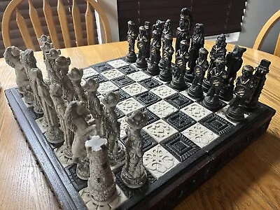 Vintage Handcrafted Aztec Mayan Spanish Conquistador Chess Set Folding Board  • $175