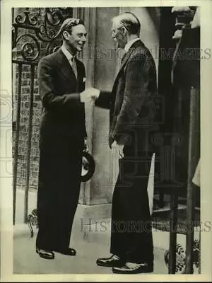 1939 Press Photo King George VI Shakes Hands With Premier Chamberlain In London • $15.99