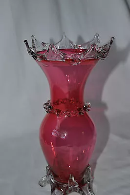 Antique Cranberry Glass Vase With Applied Crystal Frill On Frilled Crystal Feet • $80