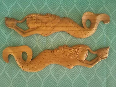 Vintage Mid Century Wooden Wall Art  Swimming Mermaid Set 2 Wood Bali Style READ • $30