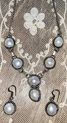 Vintage Sterling Genuine Mabe Pearl Necklace & Earrings • $129