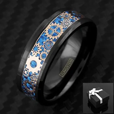 Tungsten Rose Gold Plated Steampunk Clockwork Gears Blue Carbon Fiber Band Ring • $14.99