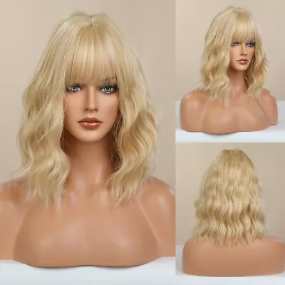 Blonde Mix Wavy Curly Human Hair Blend Heat Ok Wig Women Natural Soft With Bangs • $22.19