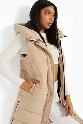 £30.99 • Buy Ladies Long Line Hooded Puffer Gilet Jacket Padded Body Warmer Side Pockets Zips