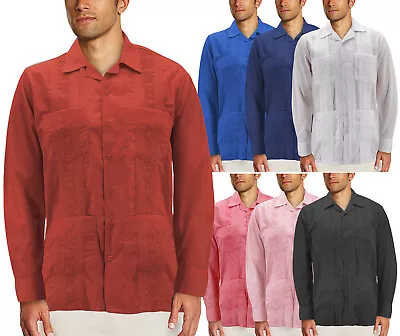 Men's Guayabera Button Up Casual Cuban Embroidered Long Sleeve Cuban Dress Shirt • $26.20