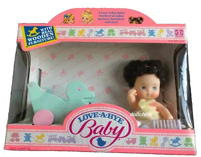 Vintage 1987 Hasbro LOVE A BYE Baby Doll W/Carriage Wood Nursery Set Brown Hair • $50.57