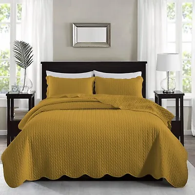 3 Piece Ochre Quilted Bedspread Twin Queen King Size Coverlet Embossed Bed Throw • $23.99