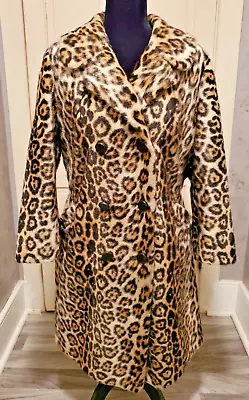 Vtg 1960s SAFARI Leopard Animal Print Black Fur Coat Sportowne Chain Belt L XL • $189.99