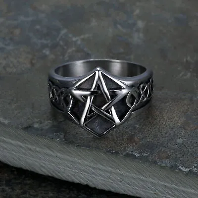 Mens Celtic Wiccan Pagan Pentagram Star Ring Stainless Steel Size 7 8-15 Gift • $7.99