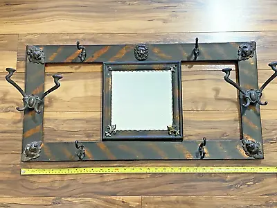 VTG Copper Oxide Japanned Wall Mount Coat Hat Rack Scalloped Mirror W/Hooks TLC • $124.99