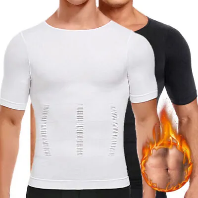 Men's Compression T-Shirt Belly Waist Boobs Slimming Body Shaper Vest Slim Chest • £6.99