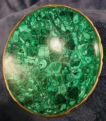 Early 1900s Round Malachite Bowl Bronze Lobed Rim 19cm • $135