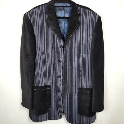 Venezzi Blazer Men XL Button Sport Jacket Plush Blue Black Striped Lined Hefner • $12.94