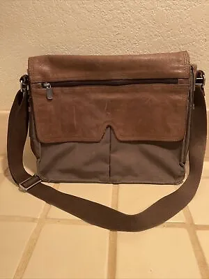 Fossil Brown Leather & Canvas Messenger Briefcase Laptop Crossbody Bag Unisex • $49.95