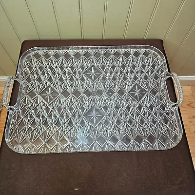 Vtg Lucite Plastic Clear Serving Tray Handles 13 X 18 Crystal Cut Atomic Stars • $14.87