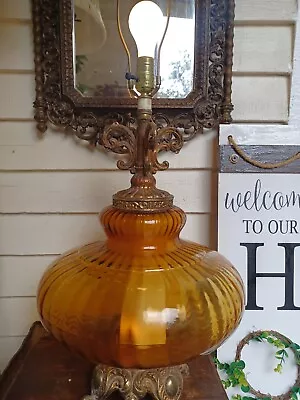 2 Vintage Mid Century Modern Hollywood Regency Amber Glass Globe Table Lamp • $999