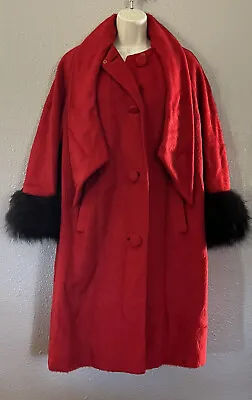 Vintage 1950s Lilli Ann Red Wool Swing Coat Faux Fur Trim Wrap Around Collar • $145