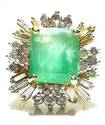 Massive 14k Yellow Gold Round & Baguette Diamond Emerald Cocktail Ring Size 7 • $2000