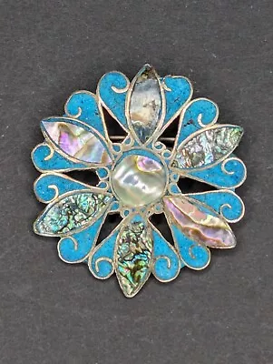 Vintage Mexico 925 IBA Abalone Pin Brooch Pendant Sterling Silver Flower  • $37.99